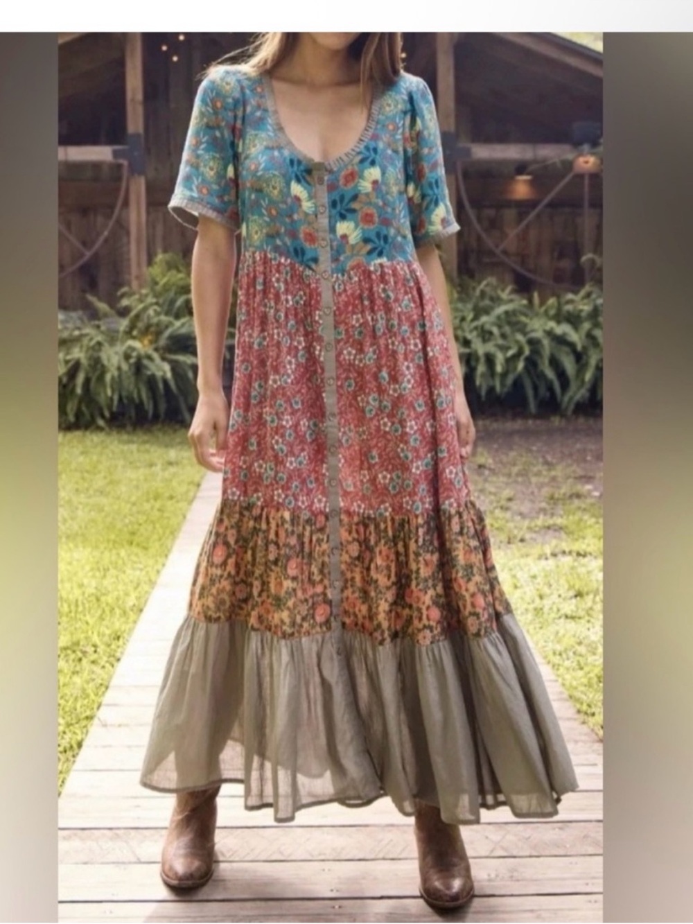 NATURAL LIFE Boho Patchwork Tiered Button Front Cotton Maxi Dress